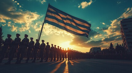 Armed Forces Day in Greece Soldiers Marching with Flag at Sunset - Perfect for National Day and Independence Day Celebrations
