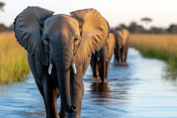 Fototapeta premium a herd of elephants walking across a body of water, surrounded by lush green grass and trees in the background, with a clear blue sky above