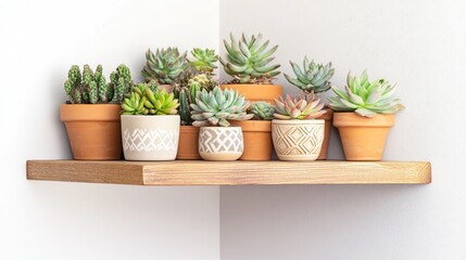 Fototapeta premium Aesthetic Display of Lush Succulents in Tan Pots on Minimalist Wooden Shelf Against Light Wall, Ideal for Home Decor Inspiration and Plant Enthusiasts