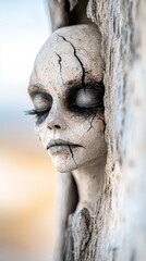   a woman's face peeking out from behind a tree trunk, with a blurred background Her face is in focus, while the background is slightly blurred, giving the image a dreamy, ethereal feel