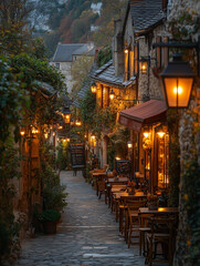 Fototapeta premium Elegant Parisian cafes with flower-covered terraces lining a cobblestone street.