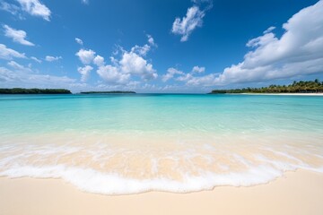 Obraz premium a beach with crystal clear blue water and white sand, surrounded by lush green trees and a bright blue sky with fluffy white clouds