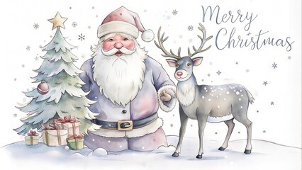 Charming watercolor illustration of Santa Claus with a reindeer and Christmas tree, featuring "Merry Christmas" text