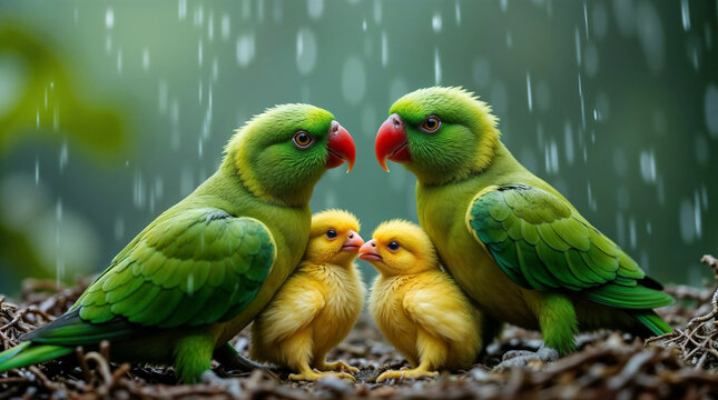 two green parrots in a nest in the rain