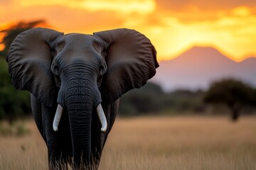 Obraz premium an elephant standing in the middle of a field at sunset, surrounded by lush green grass and trees in the background The sky is painted in a beautiful array of oran