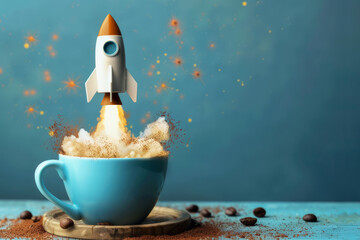 Coffee Cup with Rocket Launch – Dynamic Startup and Productivity Illustration