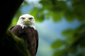 Fototapeta premium a majestic bald eagle perched atop a tree branch, its white and brown feathers standing out against the blurred background