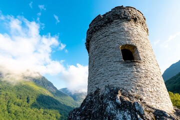 Naklejka premium a stone tower sitting atop a mountain, surrounded by lush green trees and rolling hills in the background The sky is filled with white, fluffy clouds, creating a p
