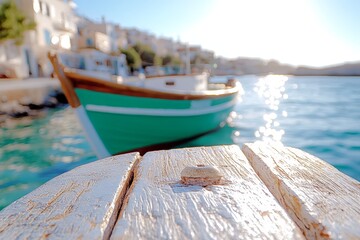 Fototapeta premium a small boat sitting on top of a wooden dock next to a body of water In the background, I can see a number of buildings, trees, and the sky On the bottom right si