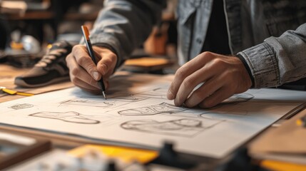 Creative Process of a Designer Sketching Sneaker Concepts on Paper Surrounded by Tools and Materials in a Fashion Studio Environment
