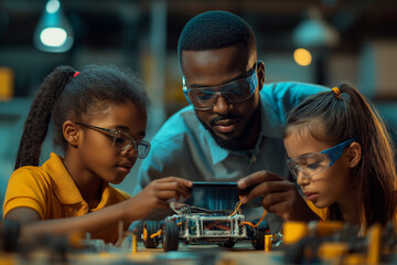 A medium shot of a young African American male teacher guiding two Asian children, a boy and a girl, as they work on wiring a robotic car in a sleek, high-tech classroom, the teach