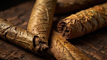 Three brown cigars on a wooden table.