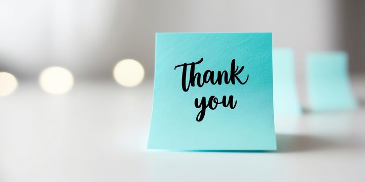 A sticky note in shades of teal with ?Thank You? handwritten in bold, playful script, with ample white space around for a minimal, spacious look.