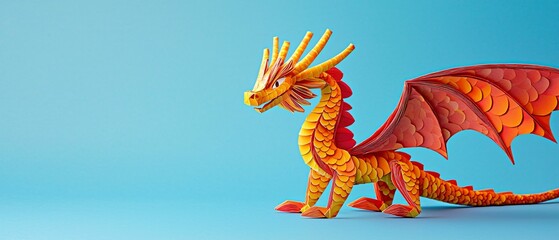 Craftsmanship and creativity in paper art. A vibrant, orange and red dragon model with intricately designed features, set against a blue background, showcasing its wings and detailed scales.