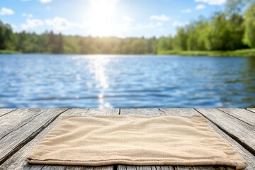  a wooden table with a towel on top of it, overlooking a lake surrounded by trees and a sky with clouds The background is slightly blurred, giving the image a dream