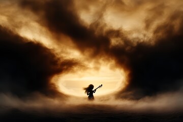  a woman standing in the middle of a field, holding a guitar in her hands The sky is filled with clouds and the sun is setting in the background, casting a warm ora