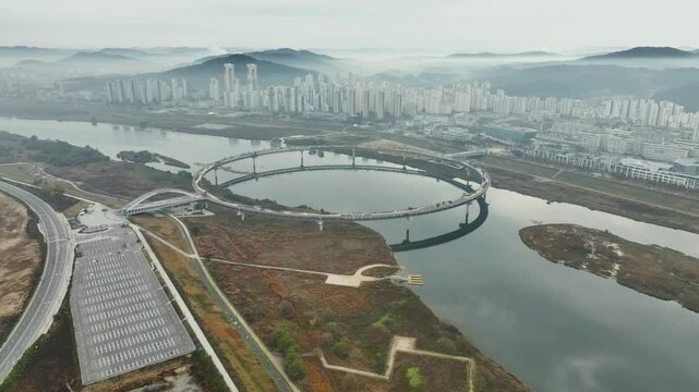 Drone View of Sejong City in South Korea, Park, Autumn, 60fps