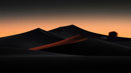 Tranquil Desert Landscape at Sunset with Silhouetted Dunes and Campsite