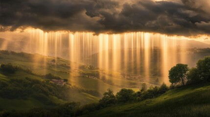 Dramatic Landscape with Golden Light and Rainfall Over Lush Green Hills During a Stunning Sunset, Showcasing Nature's Beauty and Serenity