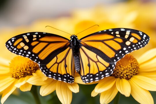  a monarch butterfly resting on a yellow flower surrounded by lush green leaves The background is slightly blurred, giving the butterfly and flower the focus of the