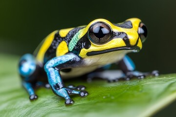 Obraz premium a yellow and blue poison dart frog perched atop a green leaf, its vibrant colors standing out against the blurred background