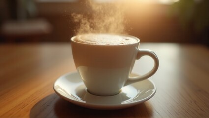 A white cup of coffee with latte art on a wooden table, sunlight streaming in, warm and inviting atmosphere. Generative, AI,