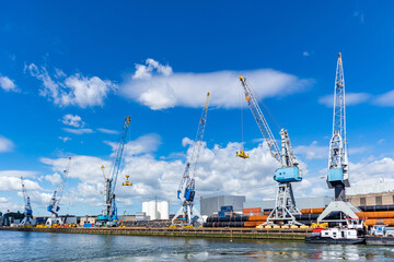 Cranes at port of Rotterdam, Netherlands. Logistics business