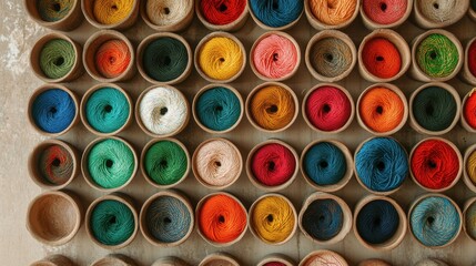 Fototapeta premium Vibrant threads in circular holders showcase the beauty of Bangladeshi embroidery