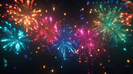 Fototapeta premium Multicolored fireworks in the night sky with a dark background and space for writing below.