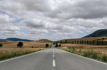A long, winding asphalt road disappears into a tunnel through a hill, surrounded by rolling green fields and a cloudy sky. The road is lined with trees and the distant horizon is marked by mountains.