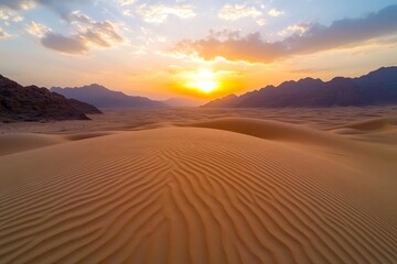  a stunning sunset in the Sahara Desert, with the sun setting over the sand dunes and mountains in the background The sky is a beautiful mix of oranges, pinks, and