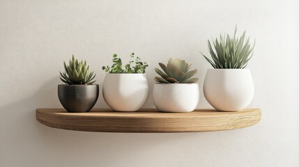 Obraz premium Modern Minimalist Shelf Display with Assorted Greenery in Decorative Pots, Perfect for Home Decor and Indoor Gardening Aesthetic Appeal