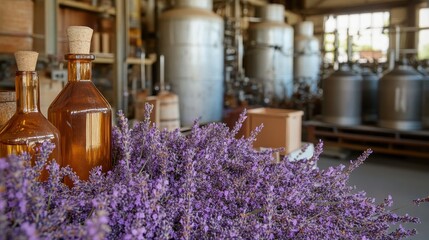 A wide view of an essential oil factory with large distillation units and fresh lavender