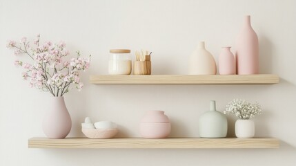 Elegant minimalist interior decor featuring soft pastel ceramic vases, decorative bowls, and fresh flowers on natural wooden shelves against a bright wall