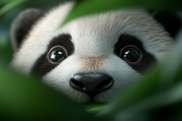 Fototapeta premium a panda bear peeking out from behind some green leaves, its black and white fur contrasting against the vibrant green of the leaves
