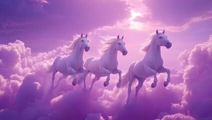 Fototapeta premium Three white horses running in the sky, with a purple and pink background, creating a dreamy and beautiful scene