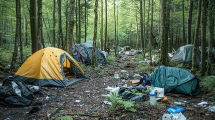 Discarded Waste and Tents in Forest Clearing Highlight Environmental Issues Caused by Camping and Misuse of Natural Spaces in Outdoor Recreation Areas