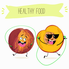 Nectarine fruit cute funny cheerful characters with different poses and activities. Natural vitamin antioxidant detox food collection. Vector hand drawn illistration.