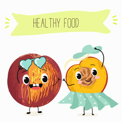 Nectarine fruit cute funny cheerful characters with different poses and activities. Natural vitamin antioxidant detox food collection. Vector hand drawn illistration.