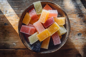 A bowl of vibrant rectangular p&acirc;tes de fruits, a.k.a. fruit pastes, a.k.a. fruit jellies, with sugar crystals glistens under soft light, showcasing glossy textures and vivid colors against a minimalis