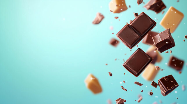 chocholate falling in the air isolated on pastel background