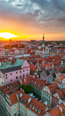 Fototapeta premium aerial view of the central square of the town hall and castle in poznan in poland at sunset in spring
