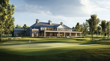 Obraz premium Stunning Modern Golf Clubhouse Surrounded by Lush Green Landscapes and Trees, Showcasing a Serene and Inviting Atmosphere for Golf Enthusiasts