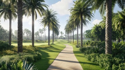 Fototapeta premium Scenic Pathway Surrounded by Lush Palm Trees and Greenery in a Tranquil Tropical Landscape on a Sunny Day