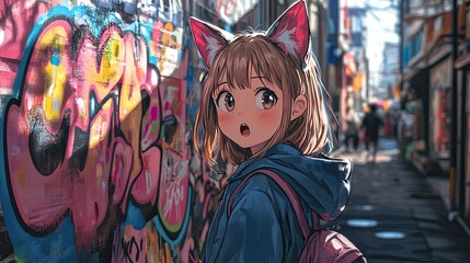 In a lively urban alley an anime girl with cat ears passionately engages with colorful graffiti showcasing her artistic flair and spirit