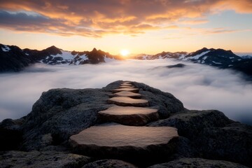 Obraz premium a stone path leading up to the top of a mountain at sunset, with the sky in the background filled with clouds and the sun setting in the distance The path is surro