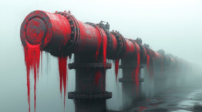 Red pipes in the fog, a row of water pipes with red paint dripping from them, on a white background, concept art painting, low-angle shot, 