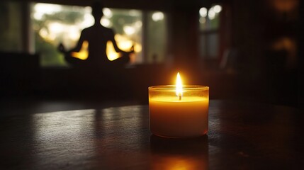 Luminous candle with yoga silhouette in background