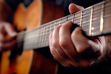 Fototapeta premium a man playing an acoustic guitar, his hands strumming the strings and creating a beautiful melody He is wearing a black t-shirt and jeans, and his hair is pulled b