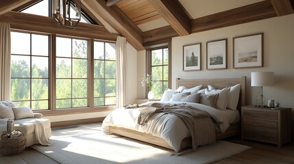 Fototapeta premium Warm and Cozy Interior Design Collection: Modern Bedrooms, Rustic Living Spaces, Minimalist Nursery, and Stylish Urban Lofts with Natural Light, Wooden Accents, Soft Textures, and Relaxing Ambiance